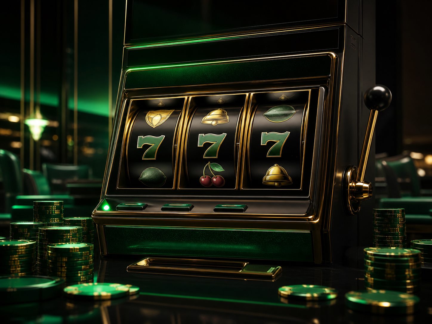 Premium koyu yeşil slot makinesi ve casino çipleri